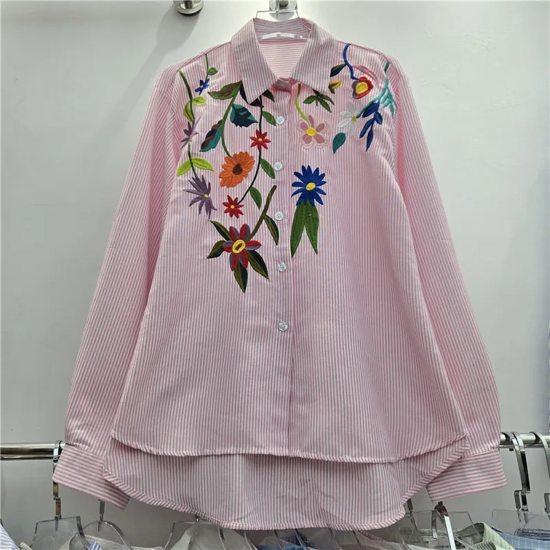 SuperAen Striped Floral Embroidery Blouse for Women 2026 Autumn New Artistic Polo Neck Retro Loose Sweet Shirts