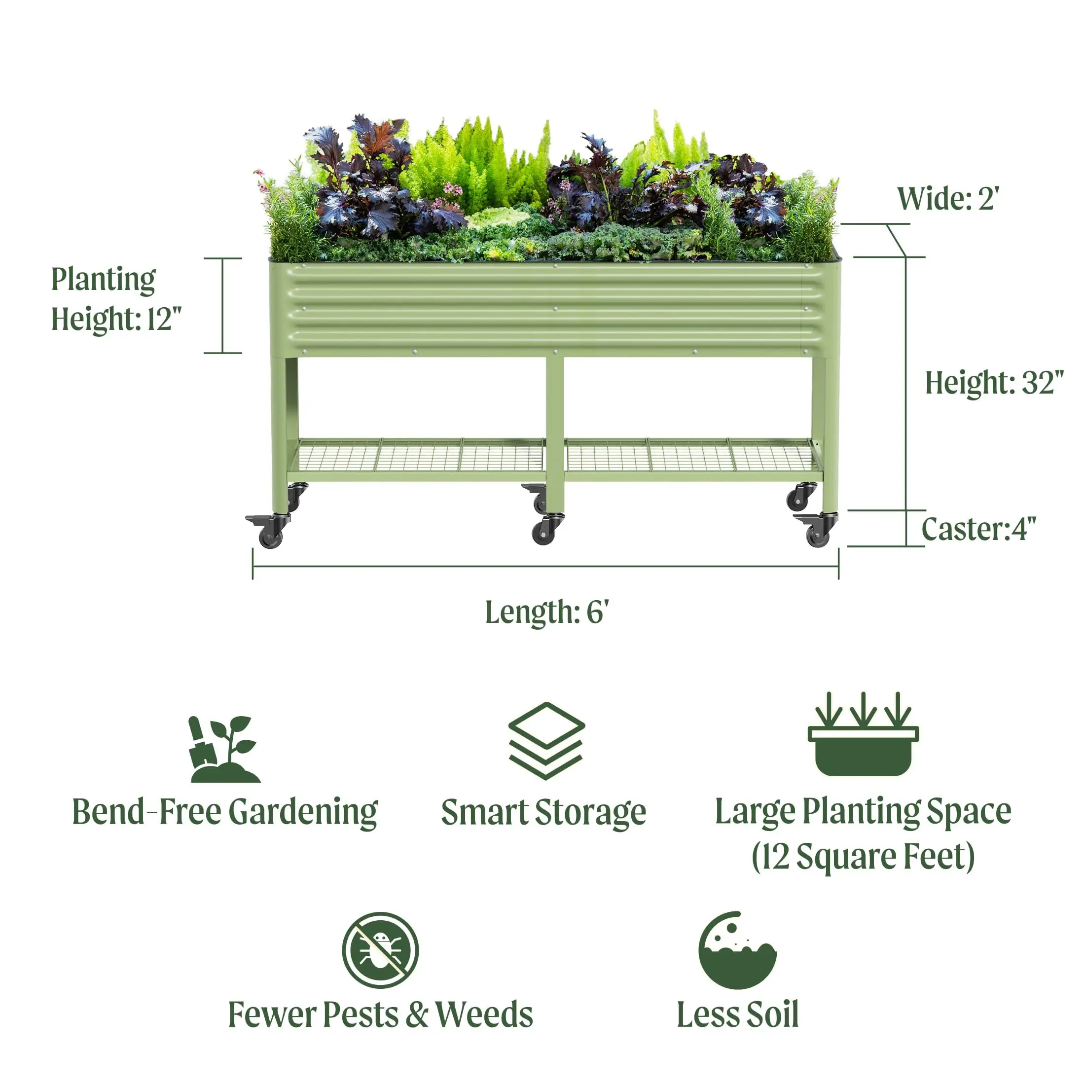 Rolling Elevated Raised Garden Bed, 2' x 6' Outdoor Planters Boxes with Legs & Storage Rack for Patio, 1000 Lbs Weight