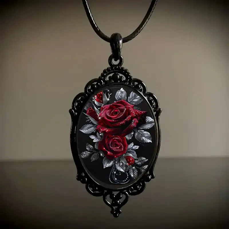 New popular necklace with ins style dark red rose exquisite pattern glass pendant necklace car pendant decoration