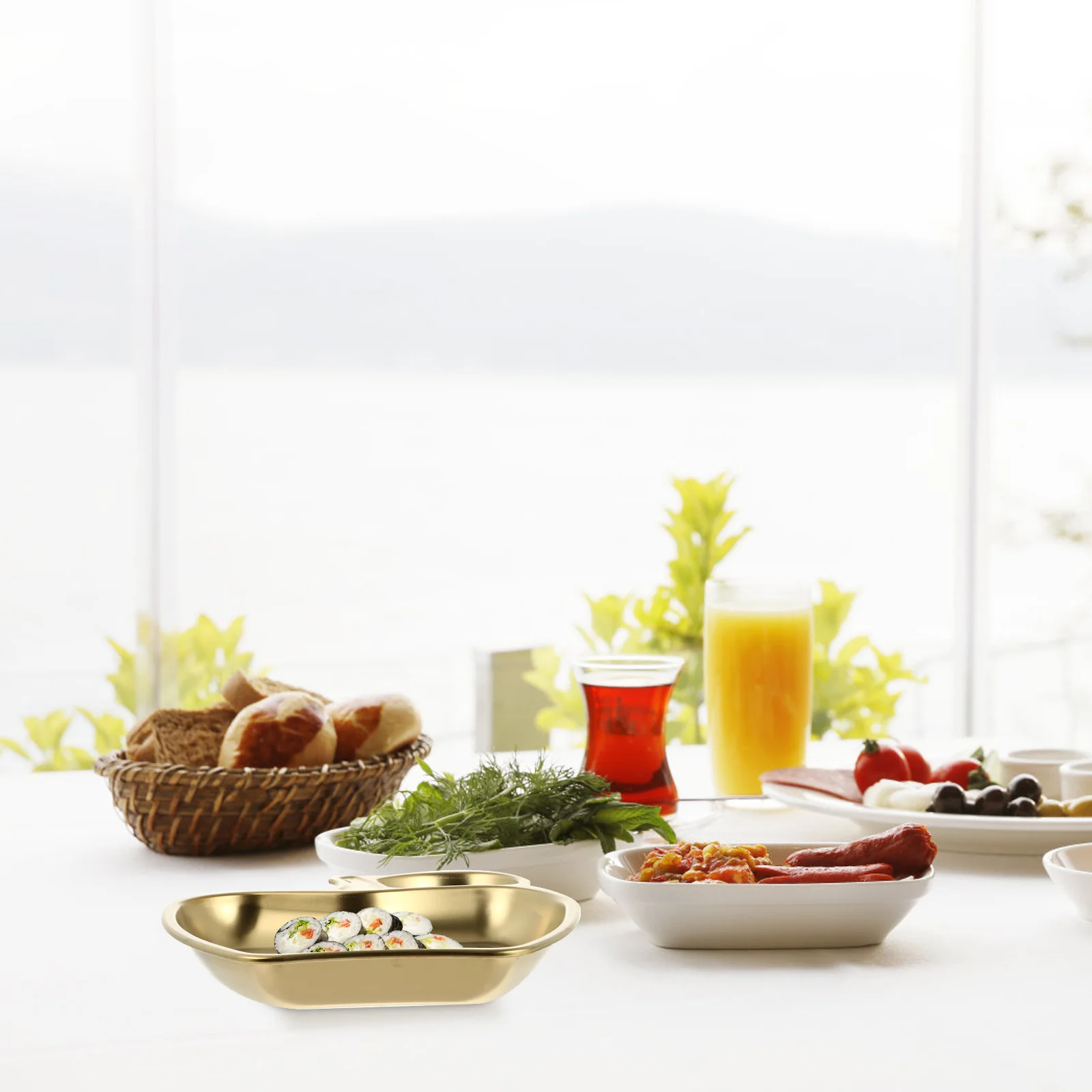 

Stainless Steel Snack Dish Double Compartment Dipping Sauce Plate For Kitchen Restaurant Use Appetizer Serving Dish Metal