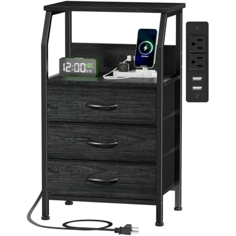 

Night Stand with Charging Station 28. Inch Tall Side Table with Fabric s and Storage Shelf Bedside Table with USB Ports and Out