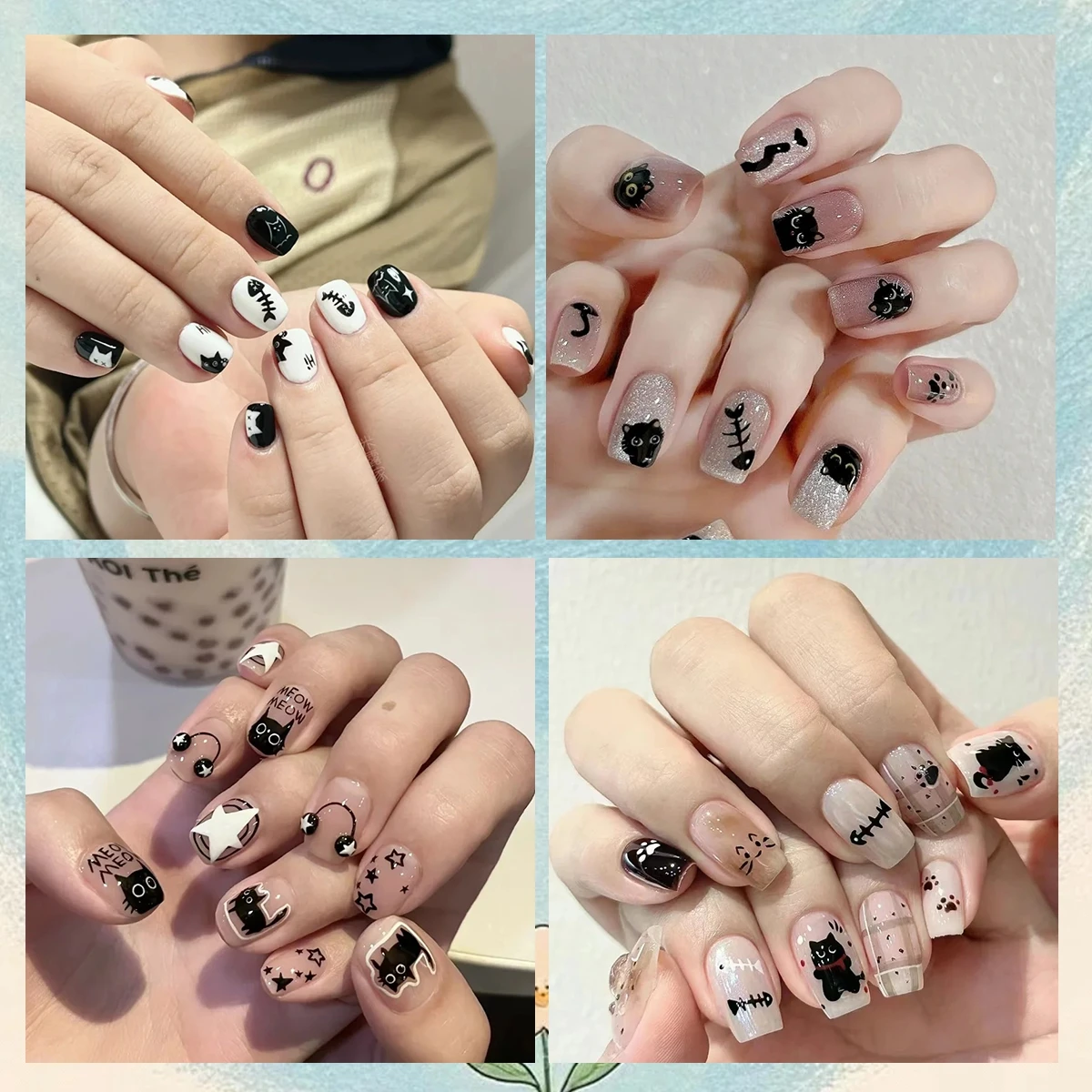 3/6/12 Blatt 3D Geprägte Schwarze Katzen-Nagelaufkleber Niedliche Cartoon-Kätzchenpfoten Fischgrätenmuster Selbstklebende DIY-Nagelsticker – Detail 3