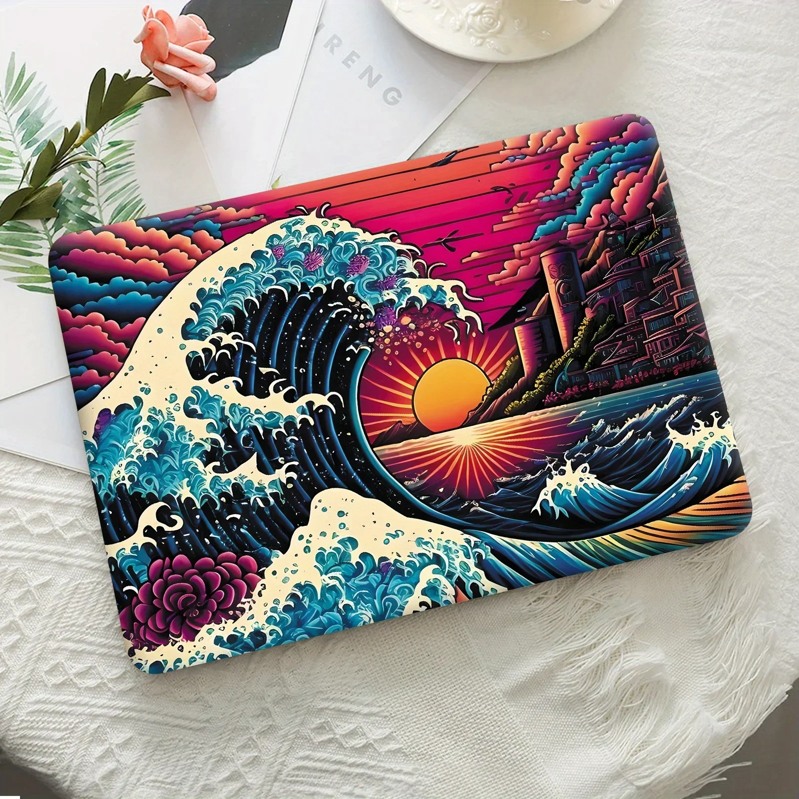 

2 Wave Rendering Laptop Stickers, Self Adhesive, for 30.48-39 Laptop Case Decoration - Vivid Ocean and Sunset Design,