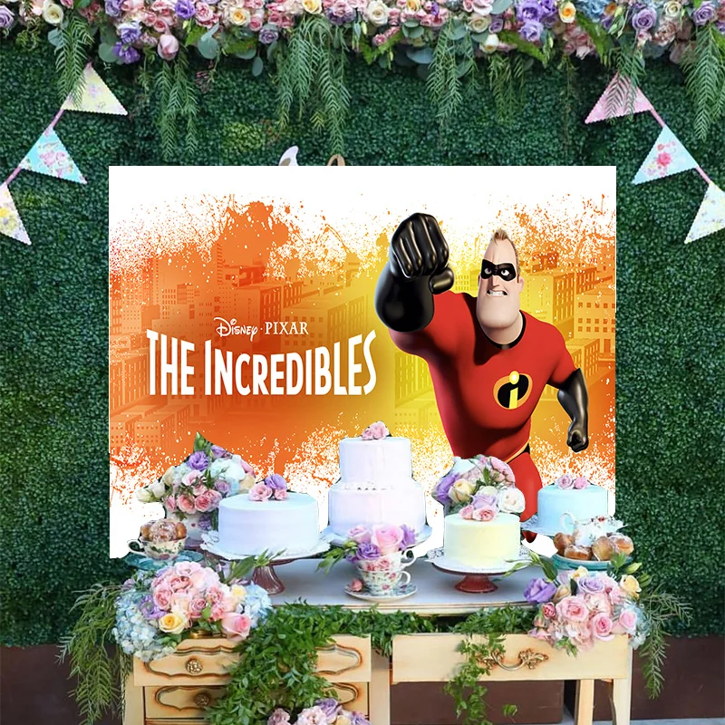 

Cartoon Yellow Photo Backdrop Disney The Incredibles Mr.Incredible Boy Baby Happy Birthday Party Decoration Backgrounds Banner