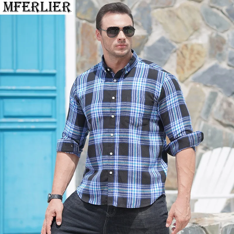 

high quality autumn spring summer Men plaid casual Shirt long Sleeve plus Size 10XL 12XL 14XL blue pockets Shirt england style