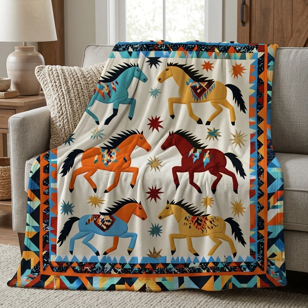 1PC Bohemian Wild Horse Patchwork Thick Flannel Throw Blanke, Soft Warm Portable Throw Blanket, Perfect Gift for Adults Boys Gir