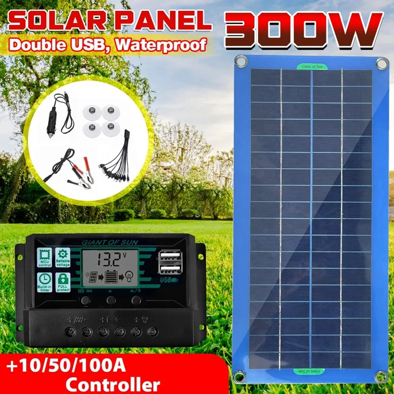 300W Solar Panel 12V 5V Dual USB Controller Waterproof Monocrystalin Solar Cells Battery Charger