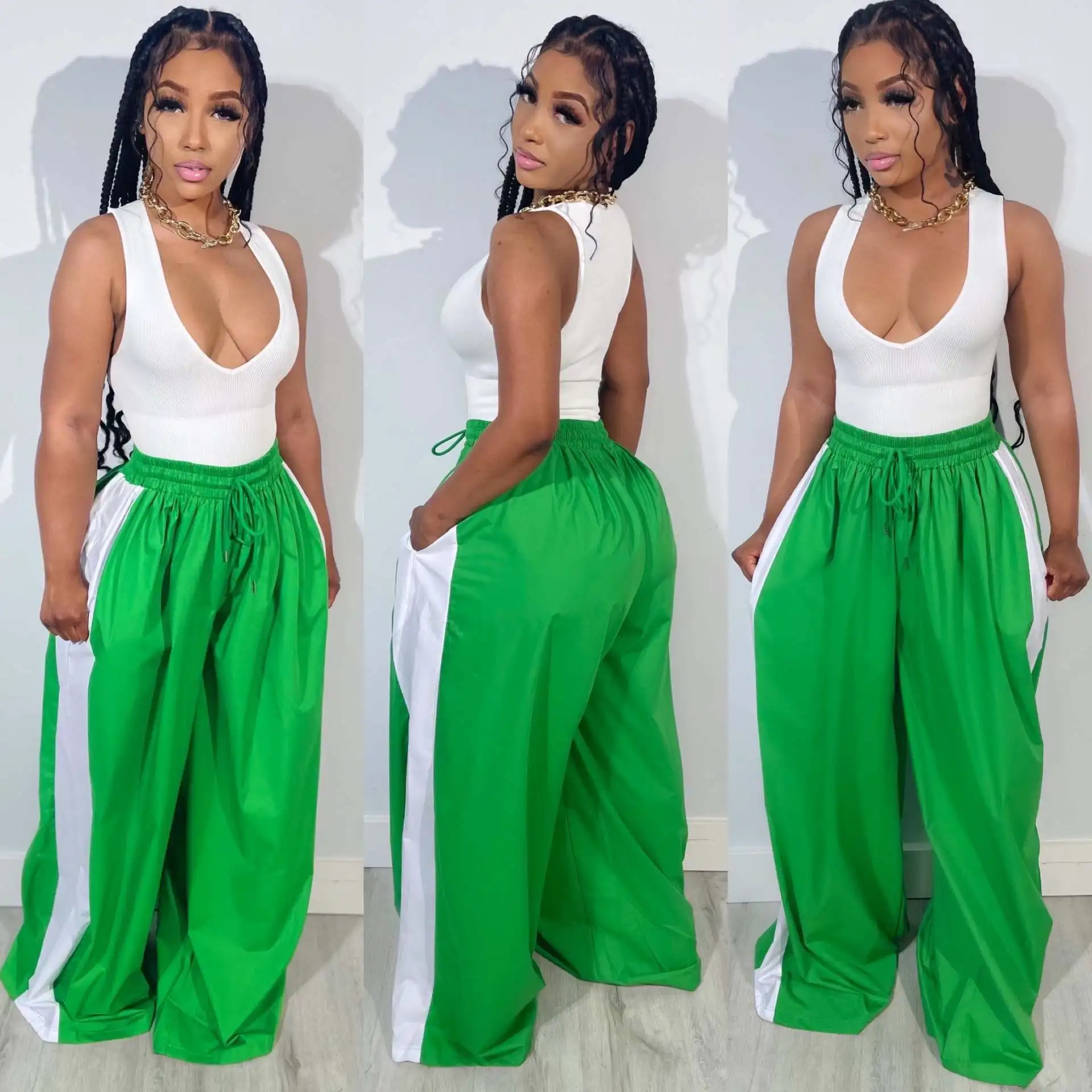 

Long Pant Women Wide Leg Pants Casual Loose Lace Up Elastic Waist Straight Trousers Y2k Streetwear Elegant Splice Capris Loose