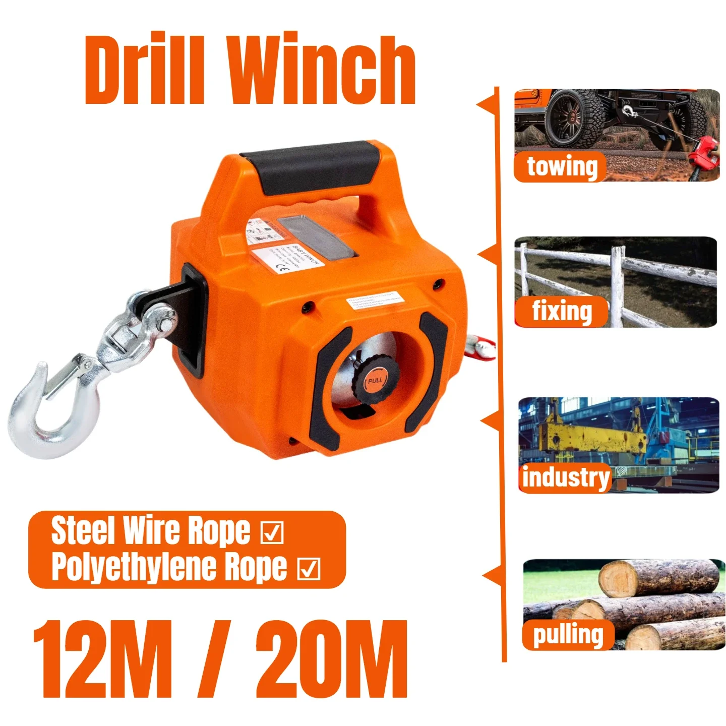 750LBS Drill Powered Portable Winch with 12m/20m Alloy Steel Wire/Polyethylene Rope for Dragging Handling Trailer