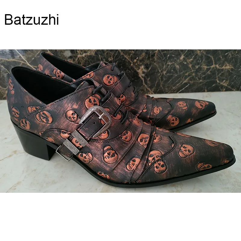 Fashion Brown Red man shoes skulls pointed toe man leather shoes personality man's shoes, leisure Zapatos Hombre Gold/Black