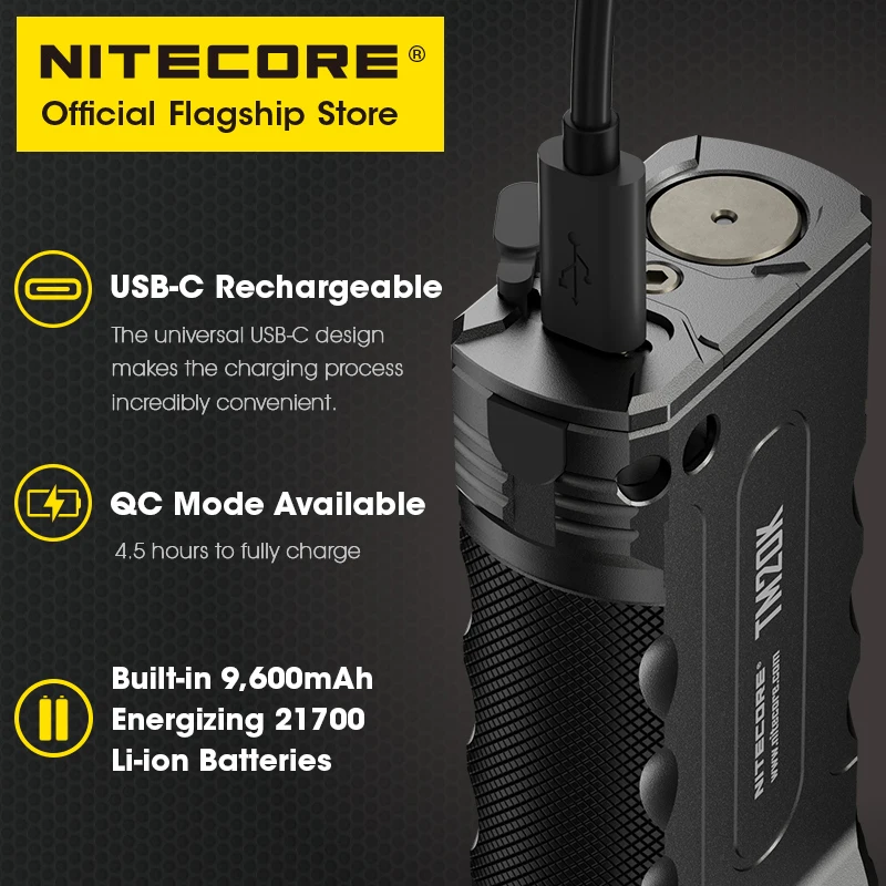 NITECORE TM20K Tactical Flashlight Powerful USB Rechargeable Super Bright QC Fast Charge LED Searchlight, Built in 21700 Battery