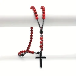 Cross-border Export Natural Stone 8mm Red Pine Stone Black Agate Black Gallstone Cross Rosary For Men Long Chain