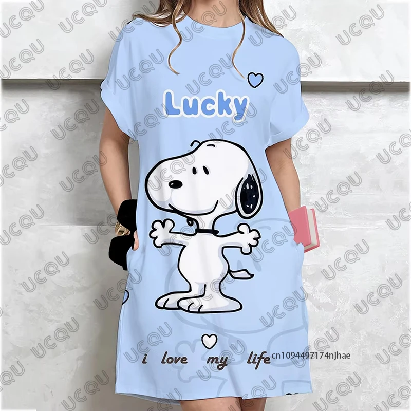 MINISO Nowa Urocza Sukienka Damska z Nadrukiem Snoopy, Letnia, Seksowna, Krótki Rękaw, Sukienka-T-shirt, Imprezowa, Codzienna, Modna, Luźna Sukienka Damska