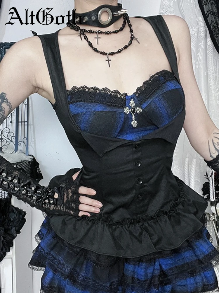 

AltGoth Y2k E-girl Harajuku Gothic Vest Women Vintage Streetwear Vintage Grunge Plaid Patchwork Lace Trim Crop Tank Tops Female
