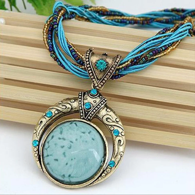 Hand-Made Beaded Bohemian Sweater Chain Women\'s Necklace Vintage Ethnic Natural Stone Round Necklaces Jewelry Accessories