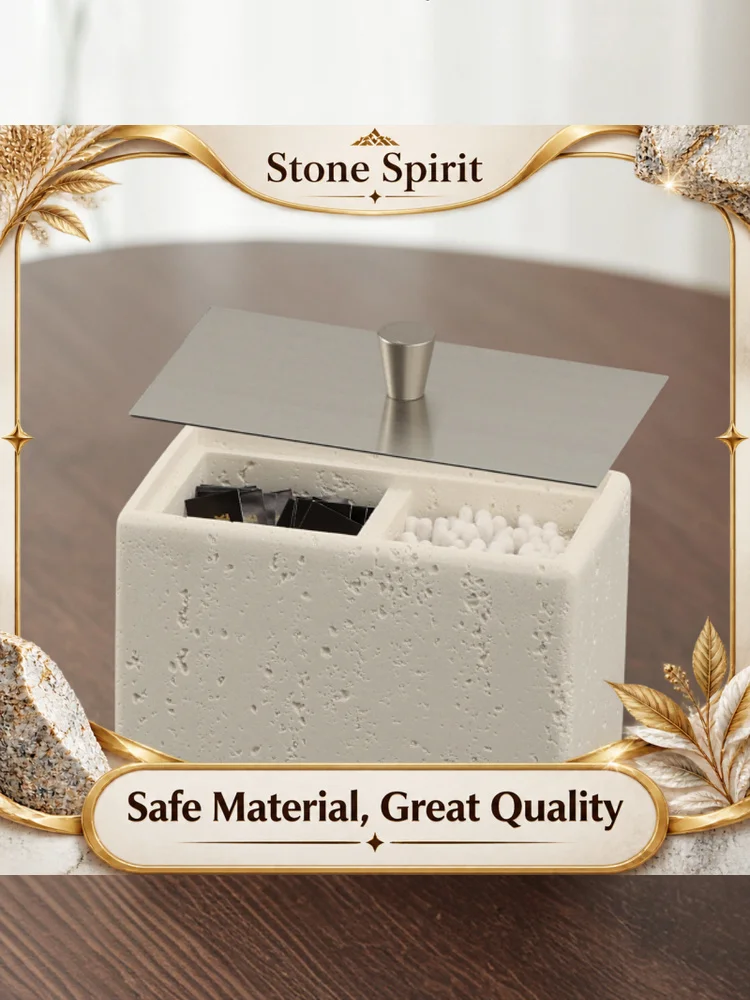 Retro Double Compartment Natural Marble Cotton Swab Storage Box, Household Toothpick Organizer, Living Room Desktop Organizer