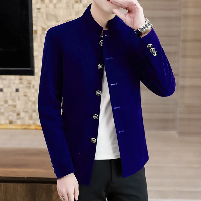 KIDWHXR Men Velvet Coat Stand Collar Single-breasted Man Suit Jacket Slim Solid Long Sleeve Wedding Male Casual Outerwear