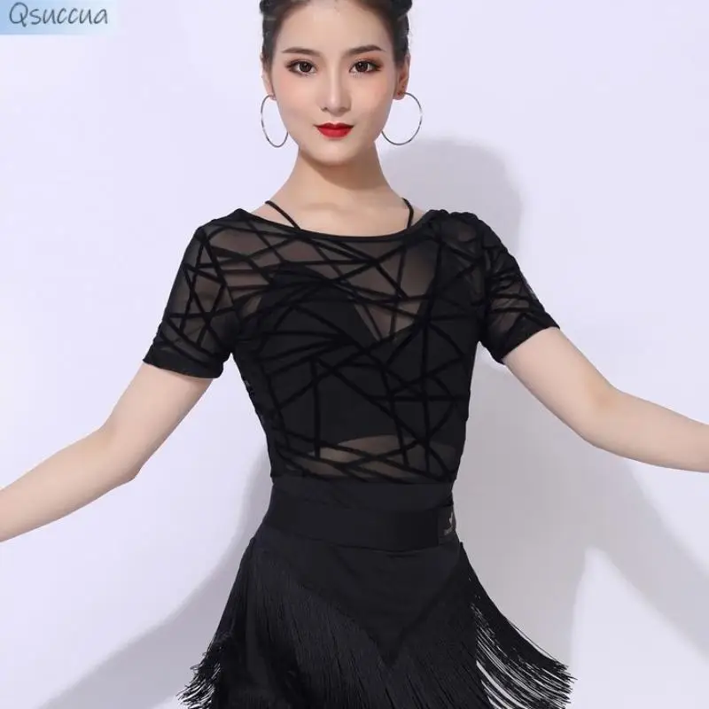 New Style Latin Dance Sexy Blouse Women's Micro-Transparent New Dance Clothes Short-Sleeved Round Neck One-Piece Rumba