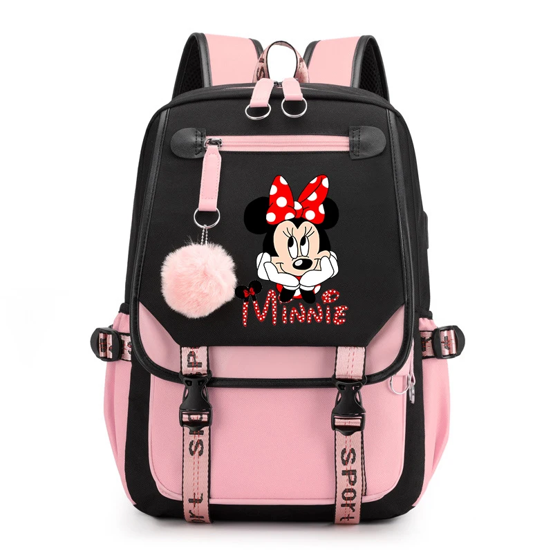 MINISO Mickey Minnie Mouse Women Men Rucksack Travel Bag Mochila Backpacks Teenager USB Charging Laptop Backpack