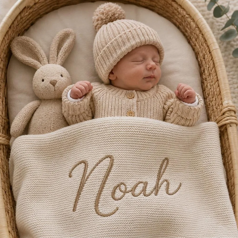 Personalized Name Knitted Blanket Rope Embroidery Soft Skin‑Friendly Newborn Swaddle Stroller Wrap Keepsake Baby Shower Gift