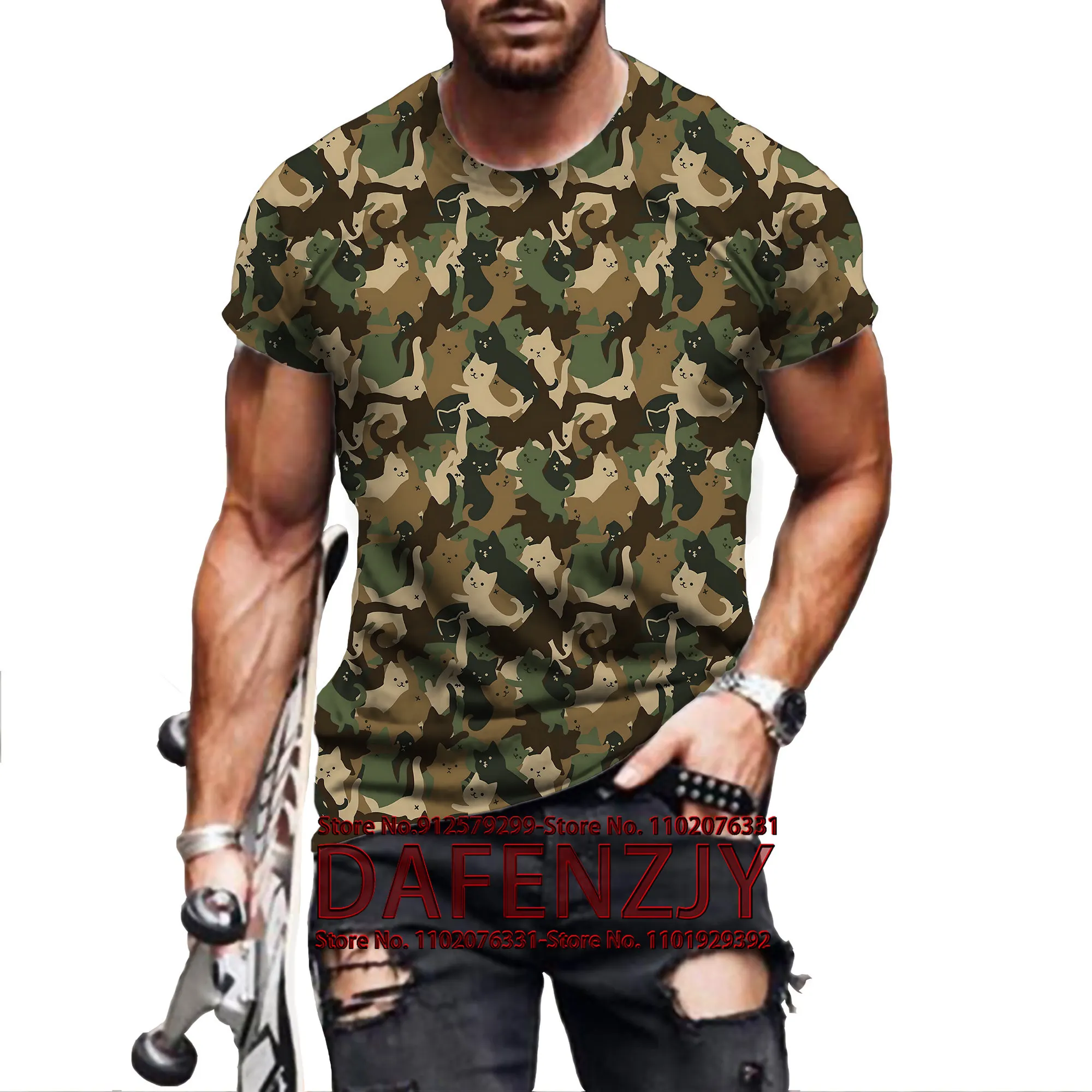 Men's Camouflage Cat T-shirt Loose Vintage Fitting Vintage Fashion Animal Art Print Short Sleeve 3D O-Neck T-shirt