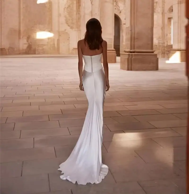 OTHRAY ง่ายซาตินชุดเดรสเมอร์เมดผู้หญิงที่ไม่มีสายหนังชุดเจ้าสาวยาวแขนกุดชุดเจ้าสาวกวาดรถไฟ Vestido ที่กําหนดเอง