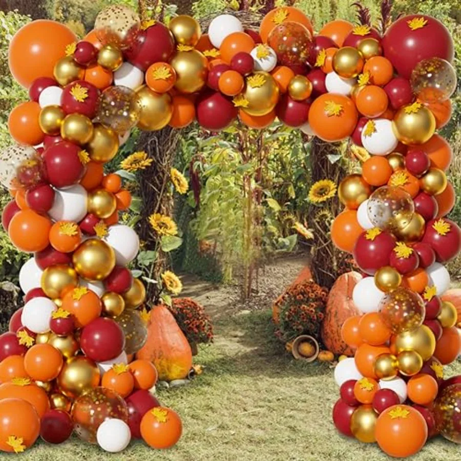 Herbstballons, Girlandenbogen-Set, Orange, Gold, Burgunderrot, Weiß, Konfetti-Luftballons mit künstlichen Ahornblättern, Girlande für Thanksgivi