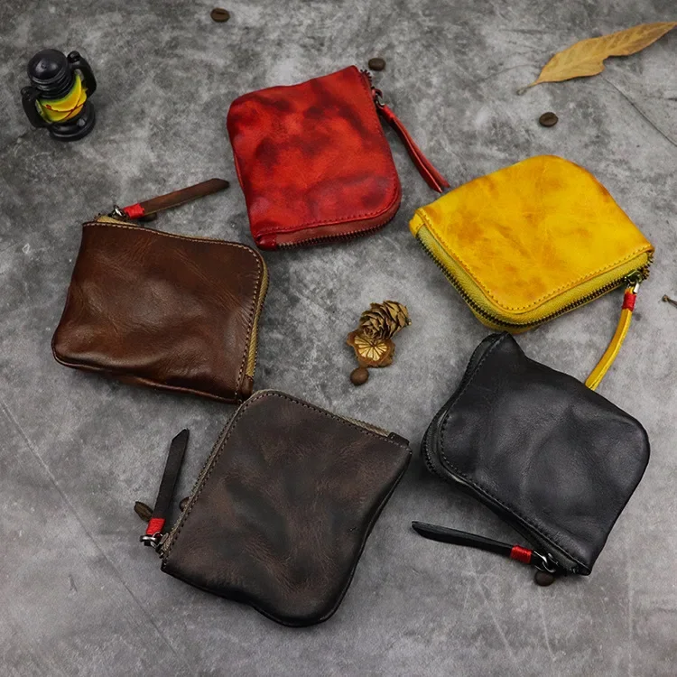 First Layer Vegetable Tanned Leather Change Bag Handmade Old Retro Style Zipper Simple Mini Coin Bag Mini Purse