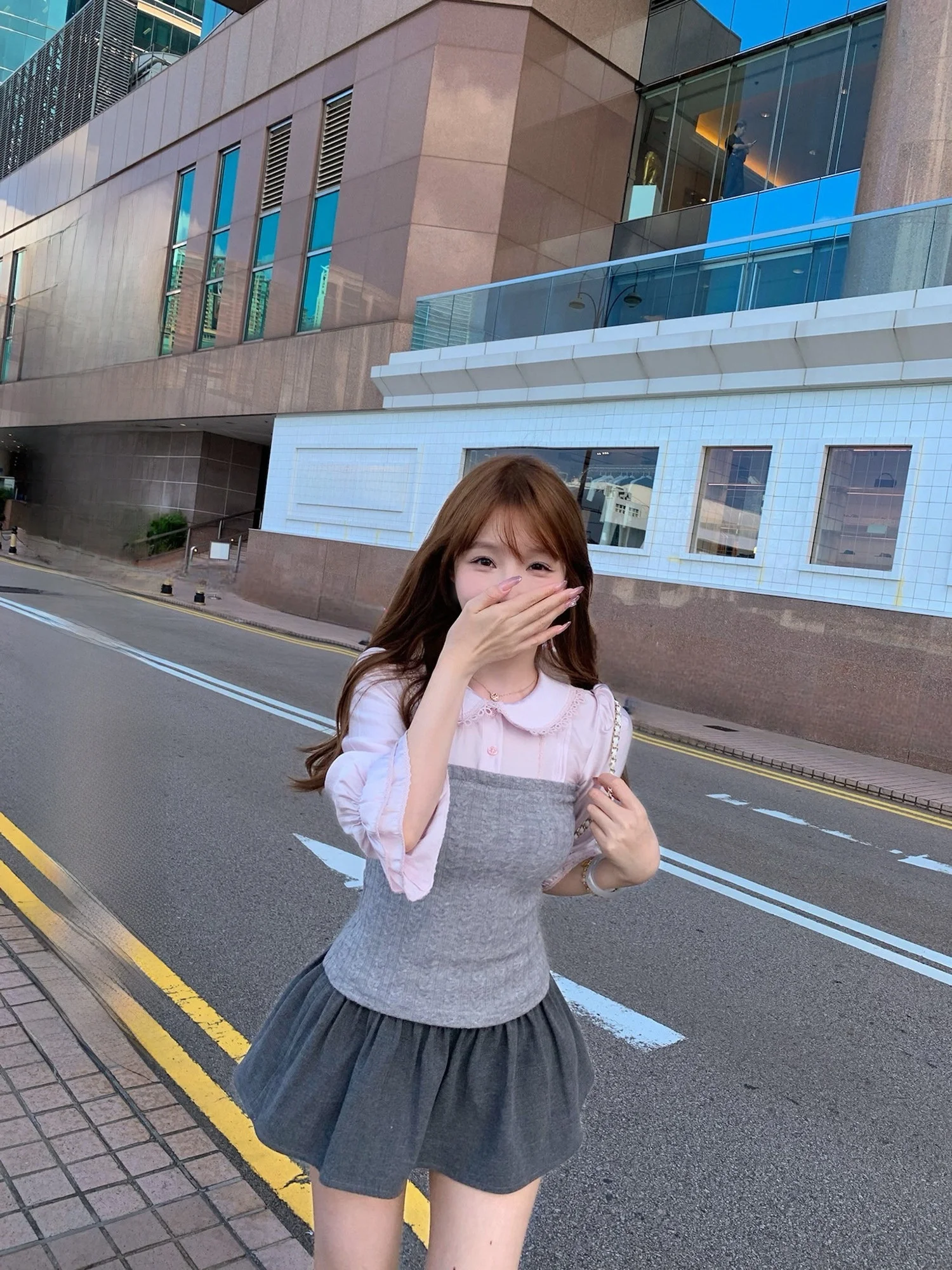 

Lukira Pink Knitted Splice irt Women's Slim Fit Waist Cinched Doll Collar Spring Faion College Sle Seven Sve Length