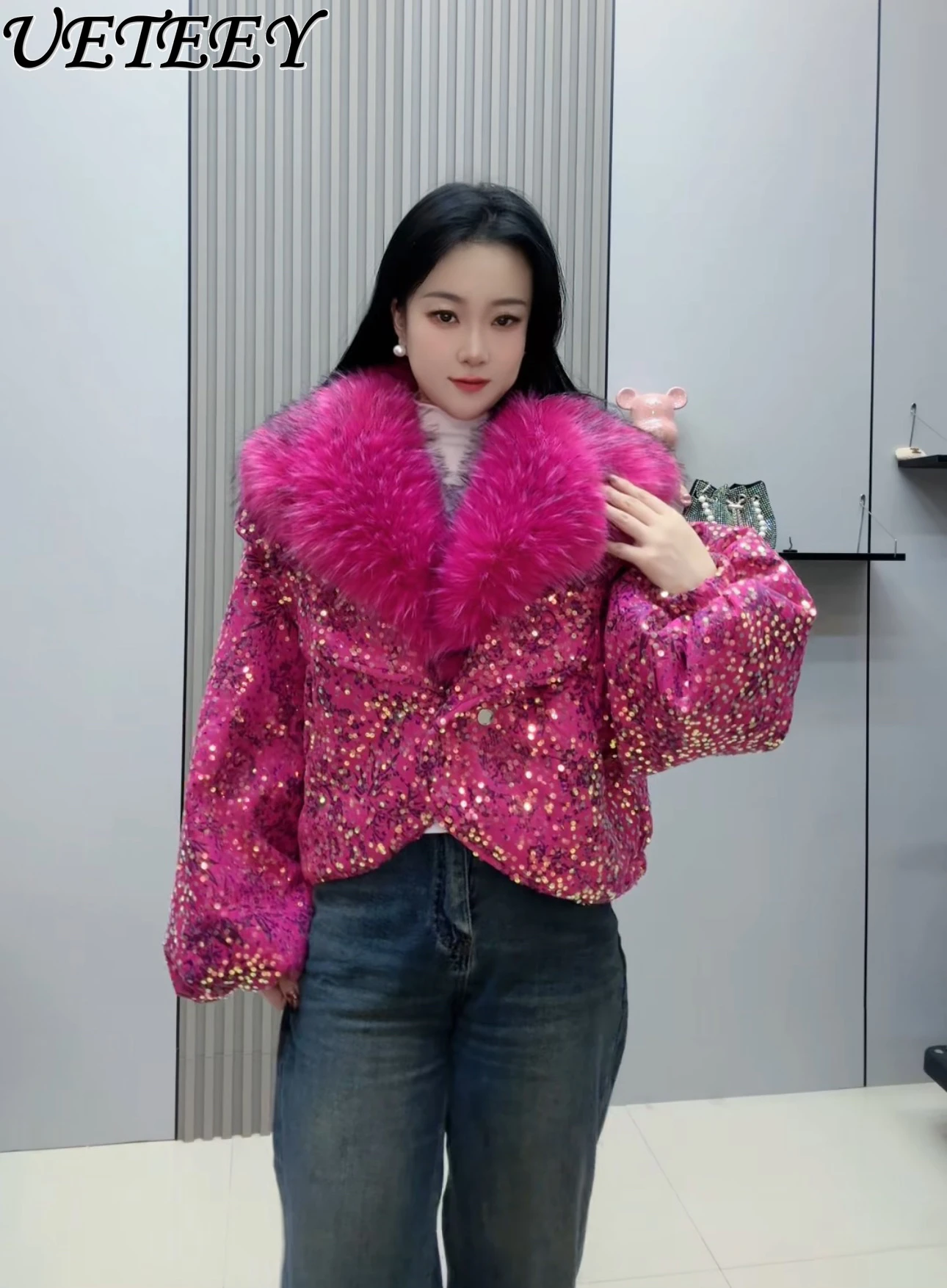 Manteau court scintillant à paillettes lourdes pour femme, avec grand col en fourrure, manches lanternes, veste chaude épaisse à la mode, nouvelle collection hiver