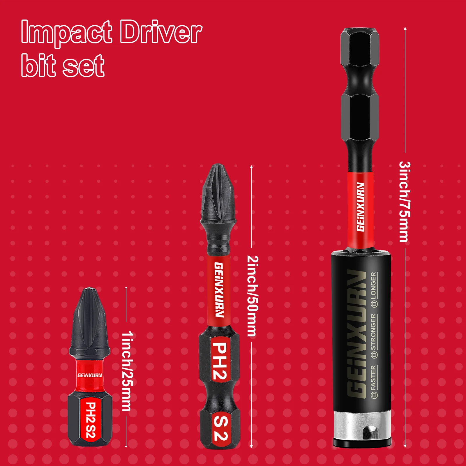 GEINXURN Impact Magnetic  #2 Phillips Screwdriver Bit Set, S2 Alloy Steel Power Bits Set witn Base