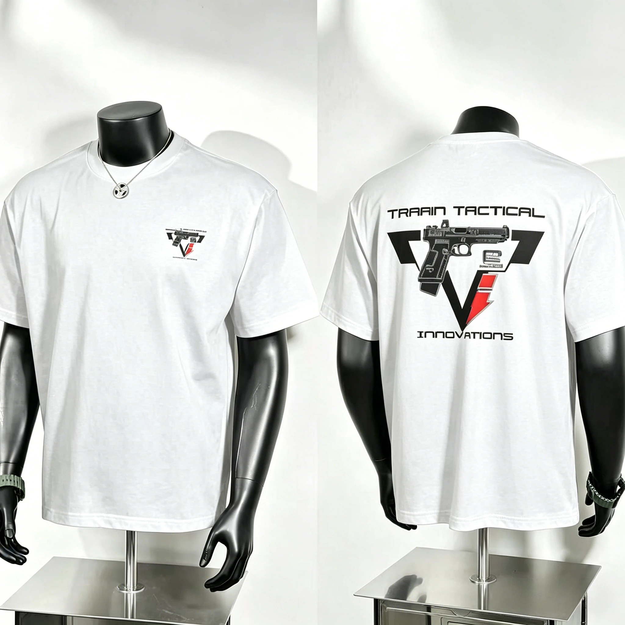 Modern Tactical Trend T Shirt, Compact Pistol V‑emblem Front and Trrain Tactical Triangle V Handgun Art Back Print