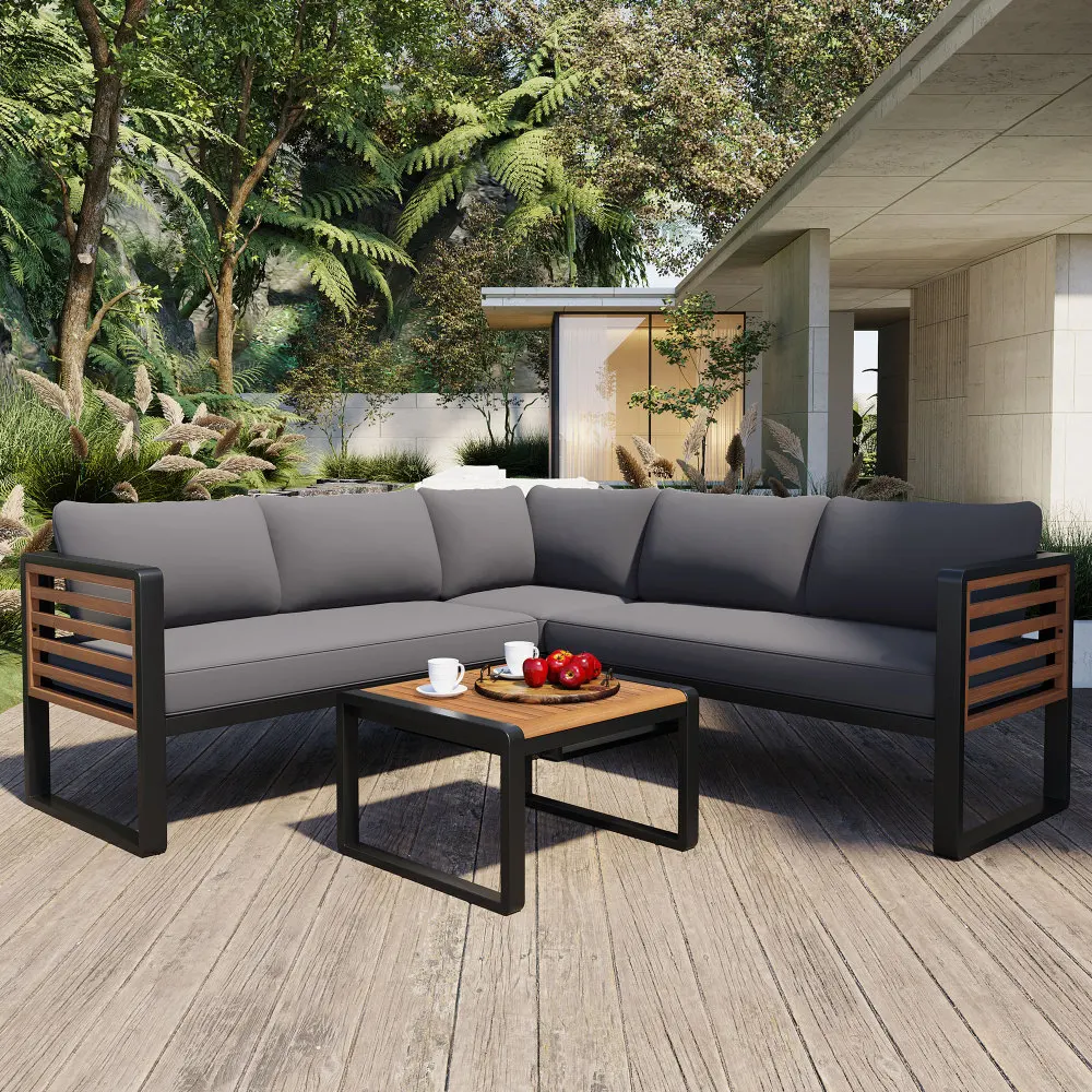 

4 Pieces Outdoor Patio Conservation Set, Metal and Wood Frame Sectional L-shaped Sofa with Soft Cushion and a Coffee Tables