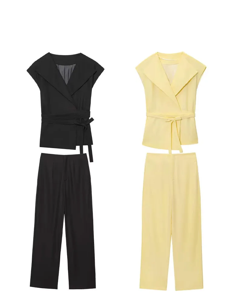 

HH Summer Women Solid Suit Turn-Down Collar Sleeveless Bow Lace-Up Tops+High Waist Pocket Zipper Long Pants Female Slim Set