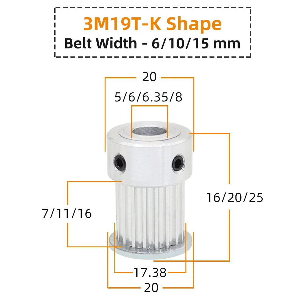 3M19T Pulley Wheel Pitch 3.0 mm Circular Tooth K Shape Aluminum Pulley Bore 4/5/6/6.35/7/8mm For Width 6/10/15mm 3M Timing Belt