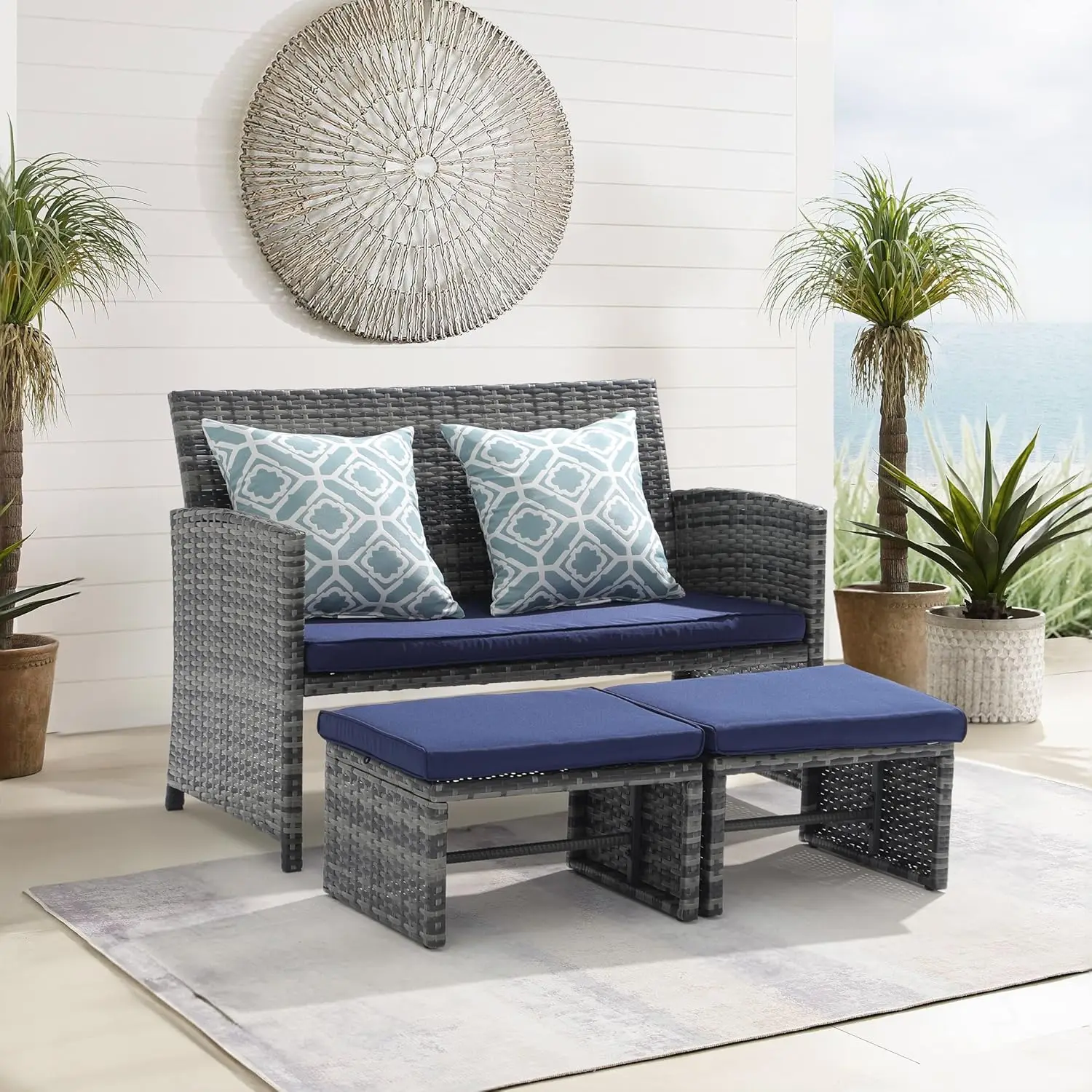 Outdoor Loveseat Patio Furniture Rattan Conversation Set with Ottoman, Navy Blue Cushions, Grey Wicker, Pillows Included