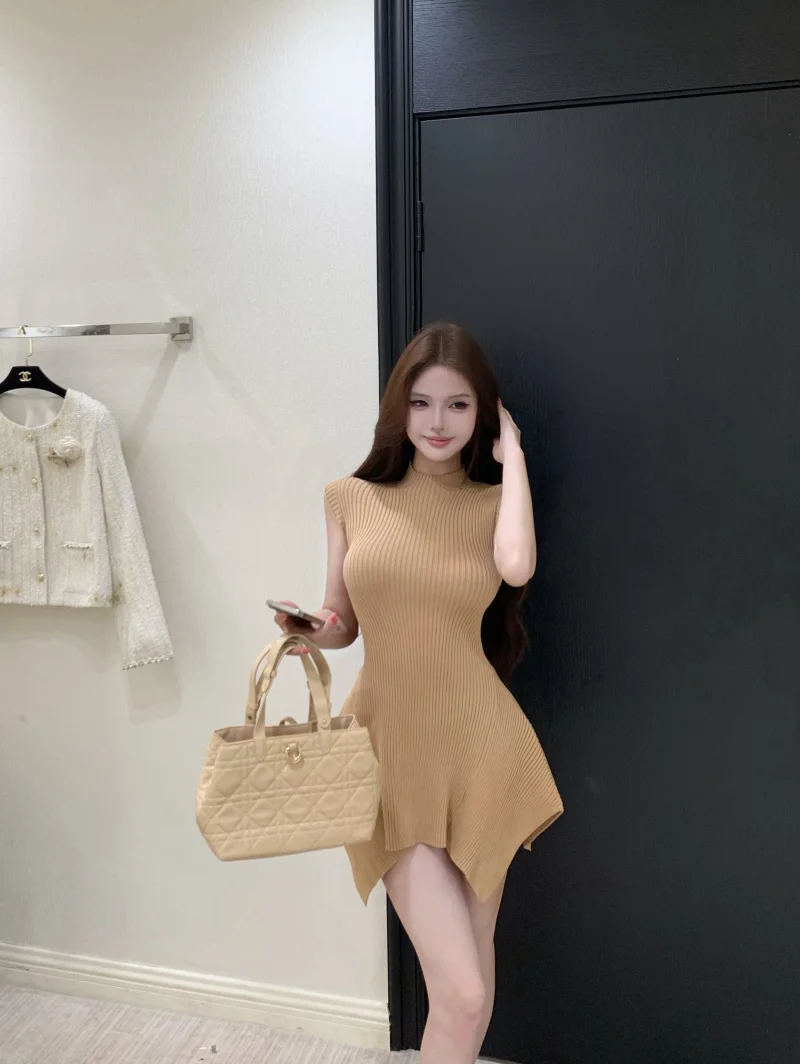 Vestido de Punto Kumikumi Color Kaki con Cuello Alto para Mujer, Falda de Verano en Línea A, Estilo Sexy y Elegante, Sin Mangas
