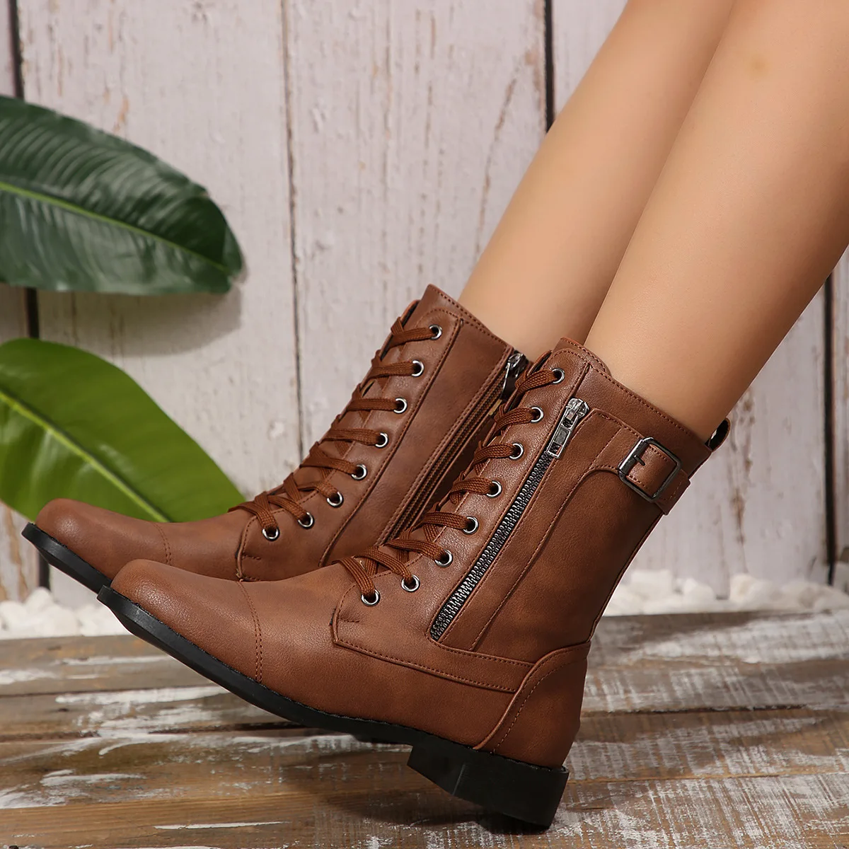 المرأة كعب مربع منتصف العجل أحذية شتاء جديد دافئ قصير أفخم بطانة جولة تو الجانب سستة كعب سميك بولي Leather الجلود فارس الأحذية #2