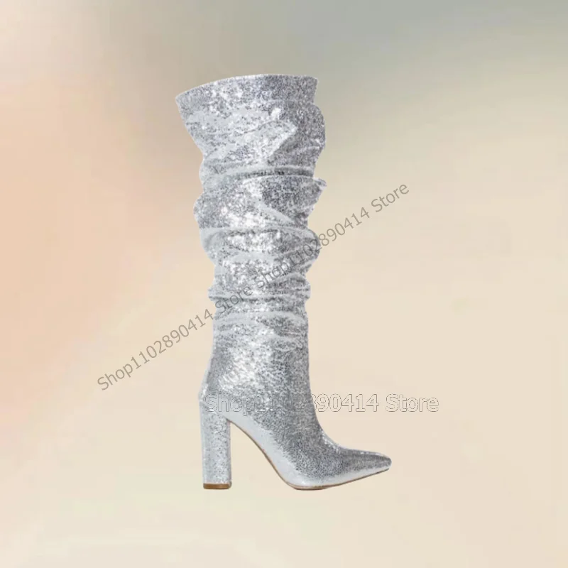 

Silver Giltter Sequins Decor Pointed Toe Boots Side Zipper Women Shoes Chunky High Heels Fashion Party 2023 Zapatos Para Mujere