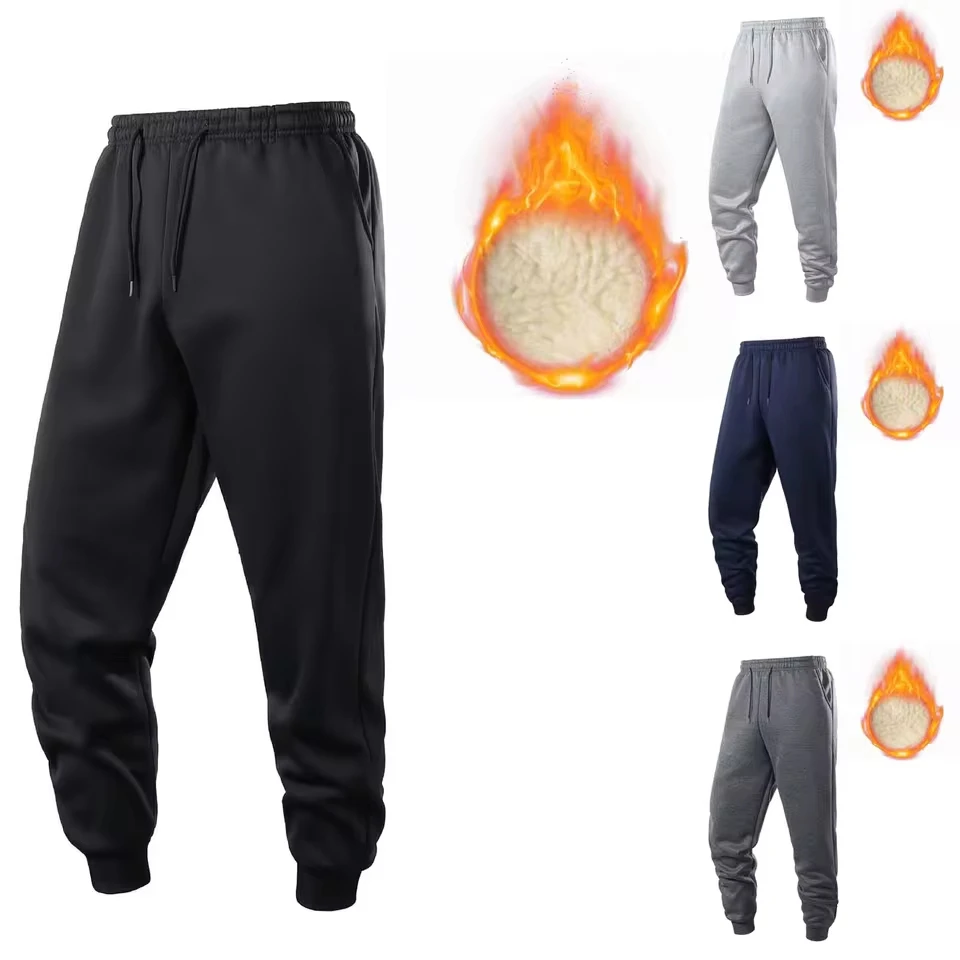 Men'S Loose Jogging Sports Pants Men'S Casual Pants Solid Color Plus Velvet Padded Lambswool Warm Leg Iş Pantolonu Fermuarli Cep