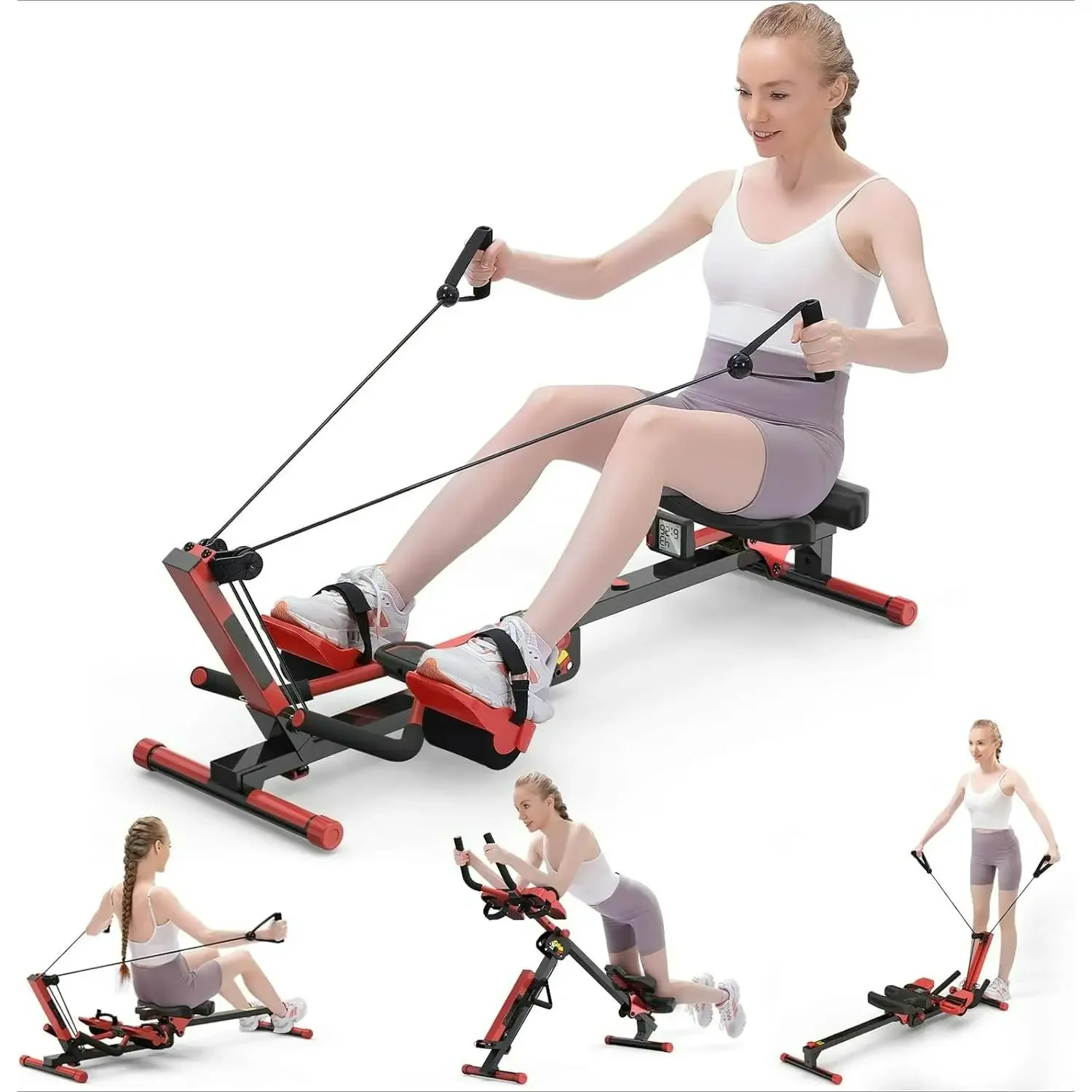 Máquina de remo W_Rowing, máquina de remo e ab 4 em 1 com 2 níveis de resistência ao treino, silenciosa