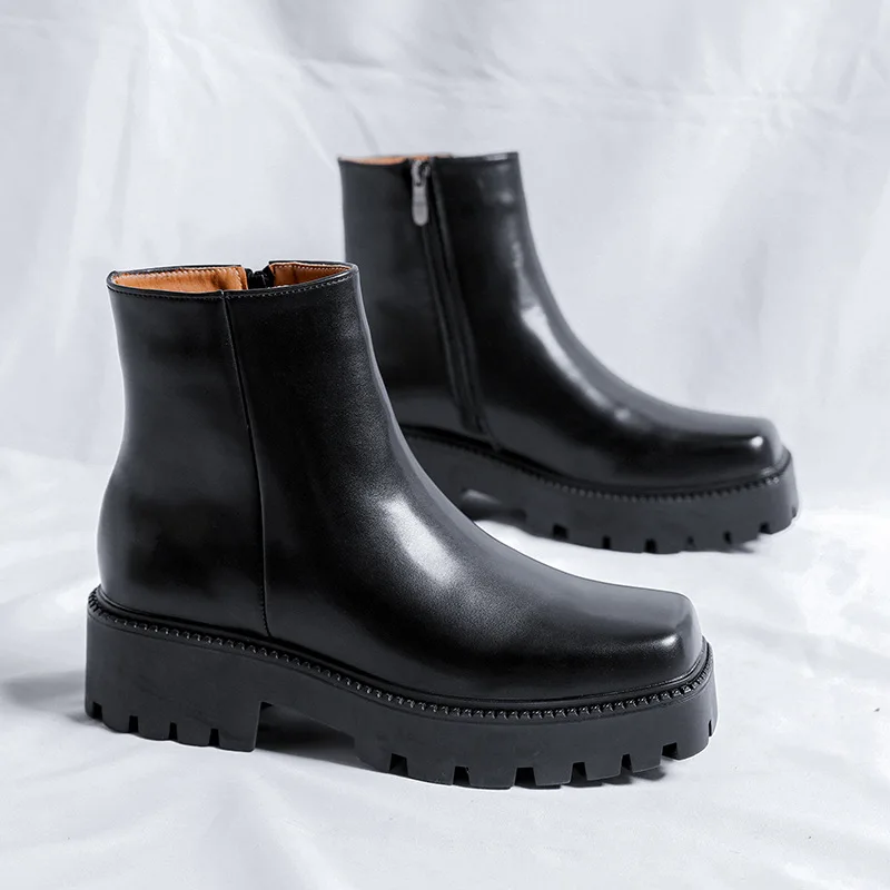 Inglaterra estilo masculino moda chelsea botas marca designer sapatos dedo do pé quadrado original bota de couro primavera outono plataforma tornozelo botas