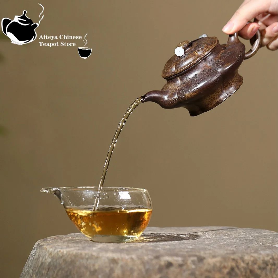 Yixing, purple clay teapot, raw ore, high-temperature wood fired agarwood, mud, tendon pattern, plum blossom virtual flat teapot