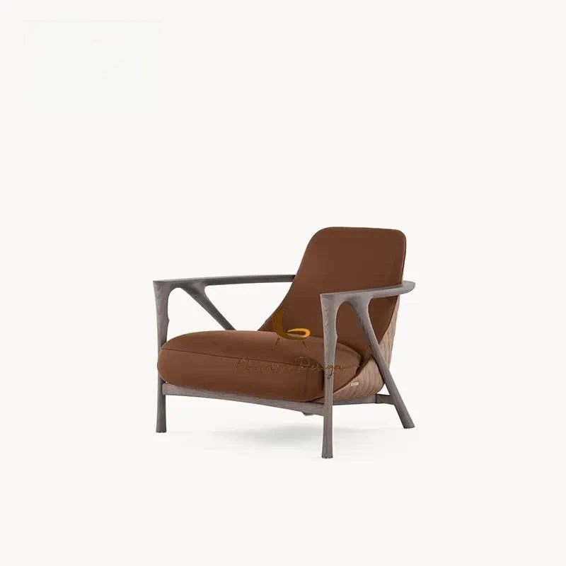 Luxury Fabric Armchair High End Leisure Chair Solid Wood Brown Single Seat Living Room Furniture Suitable for Villa Decor