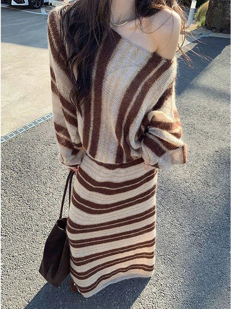 

2000S Vintage Y2K Suits Women Retro Brown Crop Tops Sweater Mini Skirt Japanese Kawaii 2 Piece Sets Korean Party Clothing