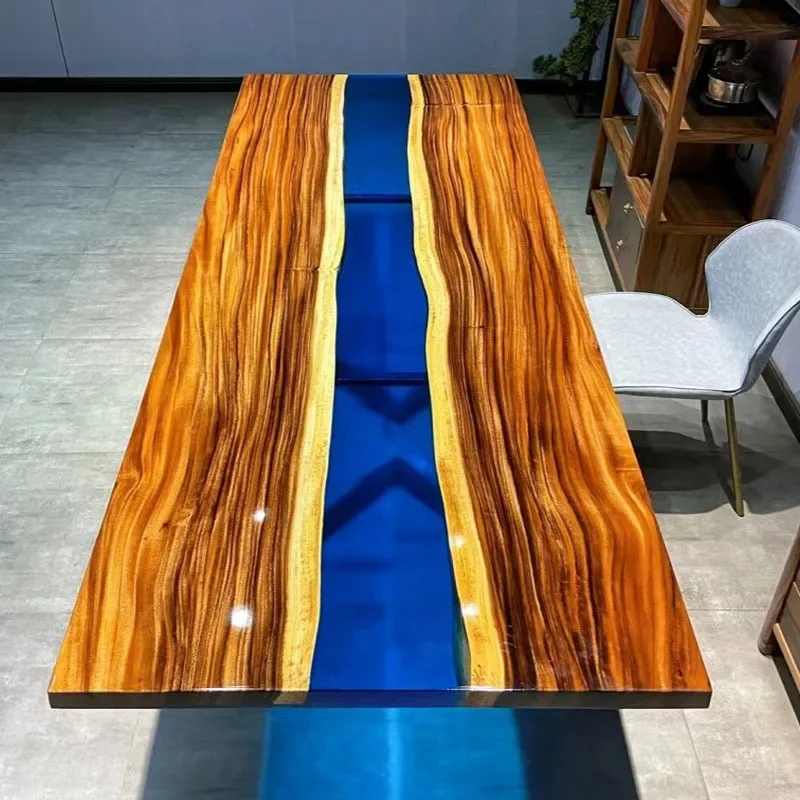 Epoxy resin river table, walnut solid wood large tea table, poplar transparent creative dining table, sea waves