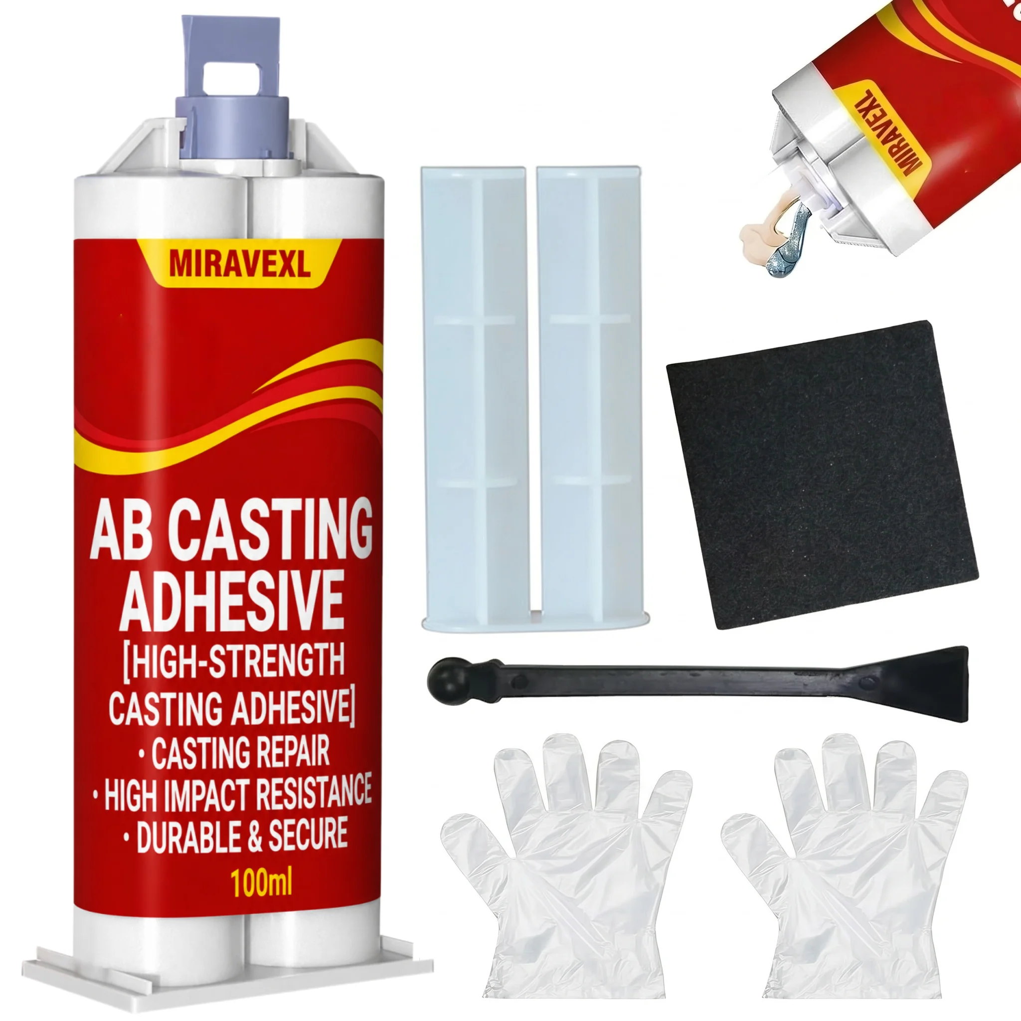 Industrial High Temp Metal Repair Glue Strong Liquid Welding Filler AB Casting Adhesive Kit with 2 Nozzles 1 Scraper 1 Gloves