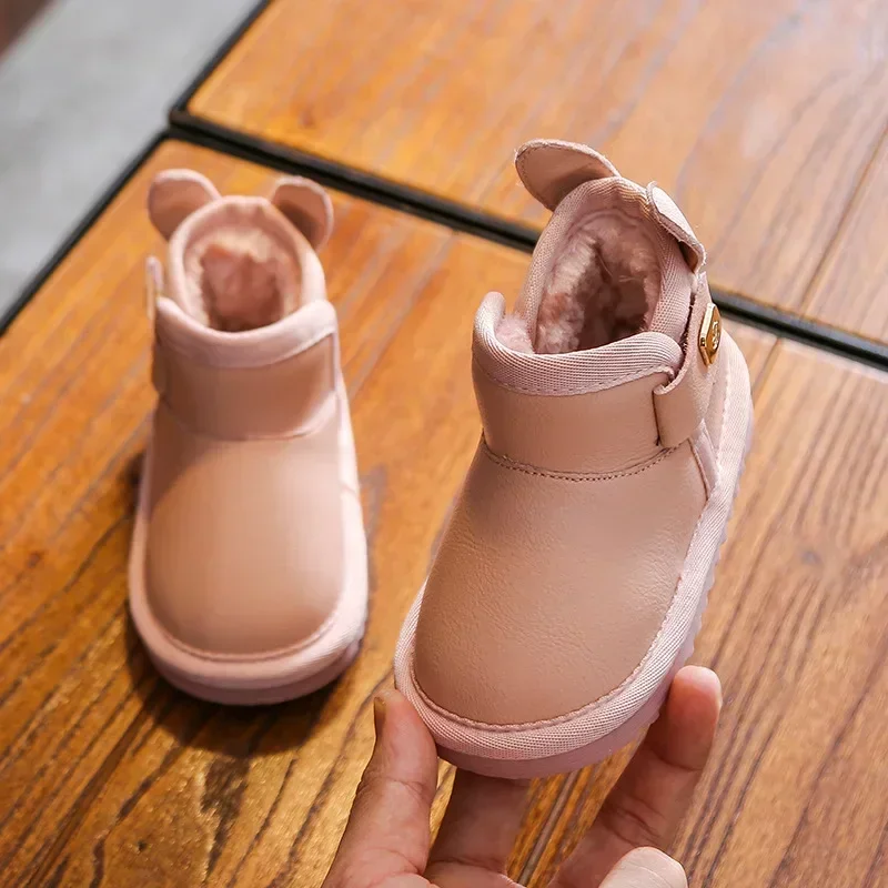 Kids Winter Non-slip Soft Sole Snow Boots Children's Cotton Shoes Plus Thick Warmth Cute Rabbit Ears Baby Girl White Boots