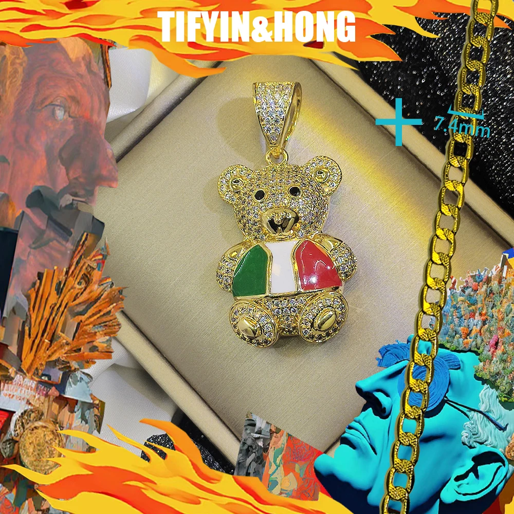 New fashion graffiti teddy bear pendant paired with gold-plated necklace, high-end customization, suitable for hip-hop rap, gift