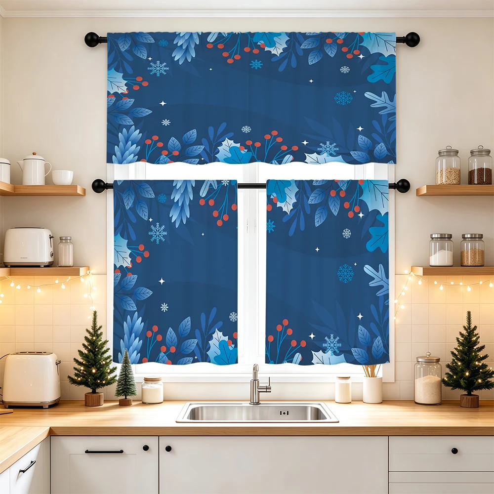 Christmas Kitchen Curtains, Blue Foliage Red Berry, Digital Print, Kitchen Dining Room, Rod Pocket Polyester, Home Decor